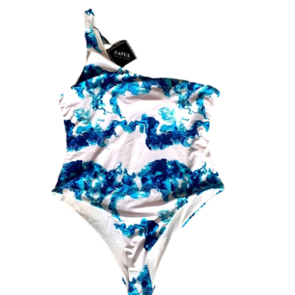 Nwt Zaful Ocean Wave Print one Shoulder One Piece Swimsuit - Picture 1 of 8